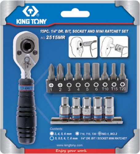Набор головок 1/4" KING TONY 2515MR вставок (бит) и с трещоткой 1/4", tor, hex, ph, 15