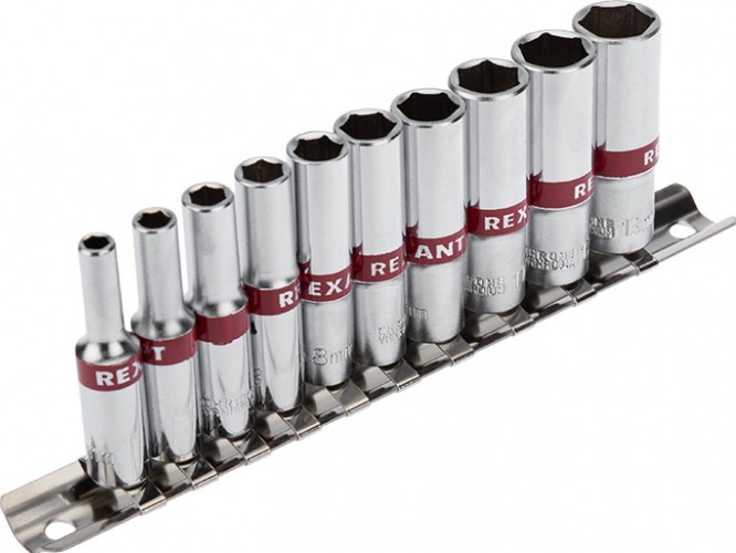 Набор головок 1/4" REXANT 12-8318 удлиненных торцевых 1/4, шестигранные, CRV, 10 шт.
