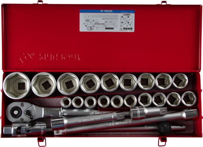 Набор головок 3/4" KING TONY 6325MR01 6-ти гранные с принадлежностями, 19-55 мм, 25 пр