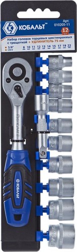 Набор головок 3/8" Кобальт 010205-11 торцевых с трещоткой cr-v (12 шт.)