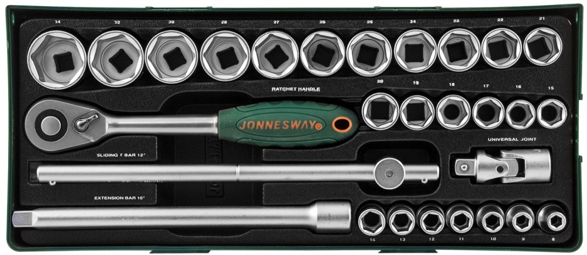 Набор головок торцевых 1/2"DR в ложементе JONNESWAY S04H4728SP 8-34 мм 048156
