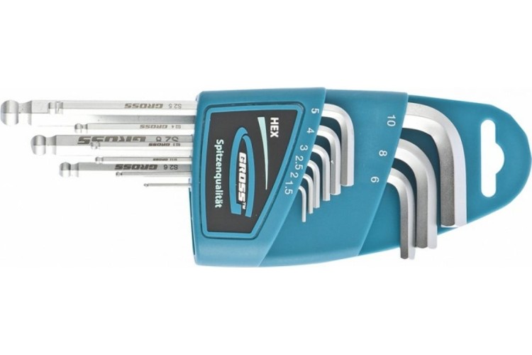 Набор ключей GROSS  hex, 1,5–10 мм, s2, 9 шт. имбусовых, удлиненные с  16403