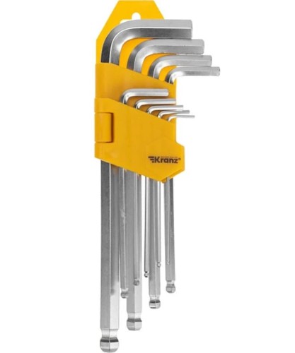 Набор ключей шестигранных Kranz KR-12-5211 HEX 1,5-10 мм, CrV, 9 шт., удлиненные, с шаром