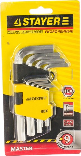 Набор ключей шестигранных STAYER HEX 1,5 "master" короткие, cr-v. 2740-H9