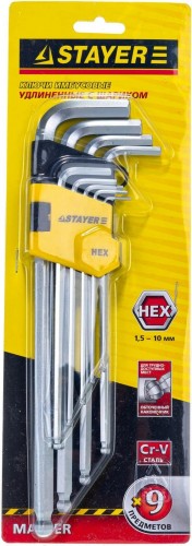 Набор ключей шестигранных STAYER HEX 1,5-10 длинные с шариком, 9 пр. 2741-H9-2