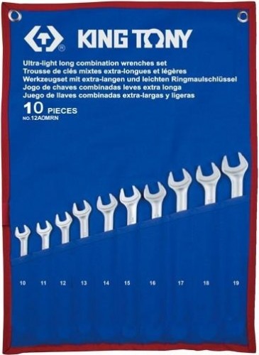 Набор комбинированных ключей KING TONY 10-19 мм удлиненных чехол из теторона, 10 предметов 12A0MRN