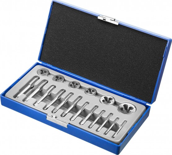 Набор метчиков и плашек ЗУБР МАСТЕР 18 предметов, в пластиковом боксе, сталь 9хс 28120-H18 - изображение 2