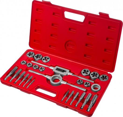 Набор метчиков и плашек ЗУБР МАСТЕР 27 предметов, в пластиковом боксе, сталь 9хс 28123-H27 - изображение 2