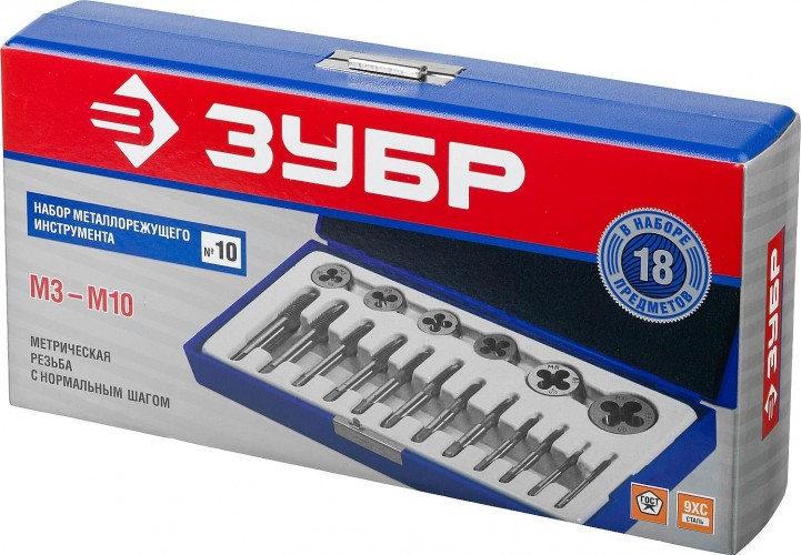 Набор метчиков и плашек ЗУБР МАСТЕР 18 предметов, в пластиковом боксе, сталь 9хс 28120-H18 - изображение 4