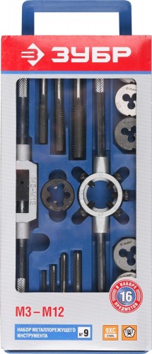 Набор метчиков и плашек ЗУБР МАСТЕР 16 предметов, в пластиковом боксе, сталь 9хс 28122-H16 - изображение 2