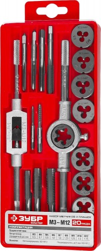 Набор метчиков и плашек ЗУБР "МАСТЕР" 20 предметов 2810-H20 2810-H20_z01 - изображение 3