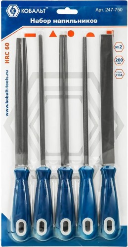 Набор напильников Кобальт 247-750 двухкомпонентная рукоятка, № 2, 200 мм (5 шт.)