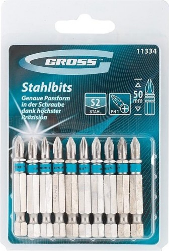 Набор насадок GROSS  ph1х50 бит, сталь s2, 10 шт. 11334