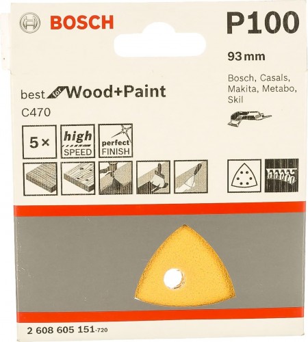 Набор шлифовальных листов для МФИ BOSCH 93 мм 6 отв. Р 100 VELCRO (уп.5шт) BEST FOR WOOD end PAINT 2608605151
