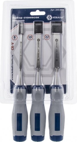 Набор стамесок Кобальт 245-664 (8, 16, 22х140 мм, cr-v, двухк. рукоятка)