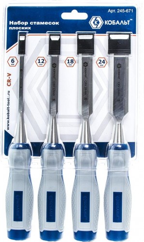 Набор стамесок Кобальт 245-671 (6, 12, 18, 24х140 мм) cr-v, двухк. рукоятка