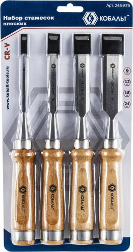 Набор стамесок Кобальт 245-879 плоских (6, 12, 18, 24х140 мм) cr-v, деревянная рукоятка 245-879