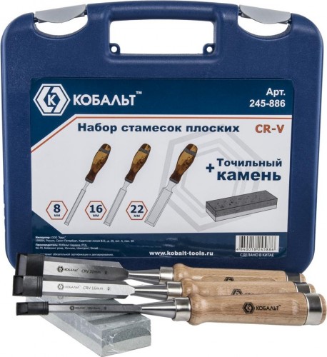 Набор стамесок Кобальт 245-886 плоских (8, 16, 22х140 мм), cr-v, деревянная рукоятка 245-886 - изображение 2