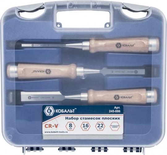 Набор стамесок Кобальт 245-886 плоских (8, 16, 22х140 мм), cr-v, деревянная рукоятка 245-886