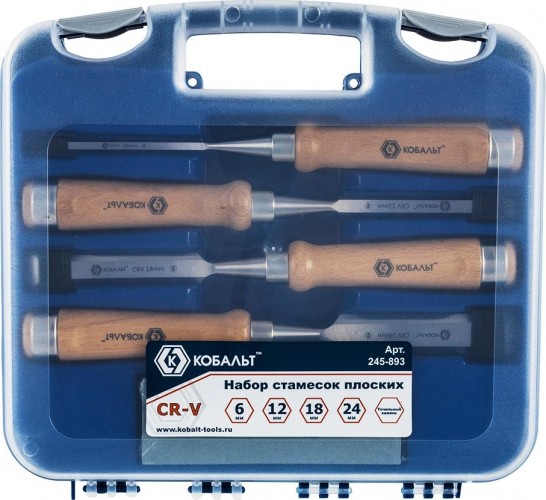 Набор стамесок Кобальт 245-893 плоских (6, 12, 18, 24х140 мм), cr-v, деревянная рукоятка 245-893