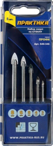 Набор сверл алмазных ПРАКТИКА "Профи", 5 шт, 3, 4, 5, 6, 8 мм, ПРО по стеклу и керамике 640-346