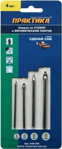 Набор сверл алмазных ПРАКТИКА "Сделай сам", 4 шт, 3,4,5,6 мм по стеклу и керамике 640-209