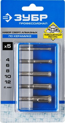 Набор сверл алмазных ЗУБР ПРОФЕССИОНАЛ трубчатых по кафелю и стеклу, d=4, 6, 8, 10, 12 мм 29850-H5 - изображение 3