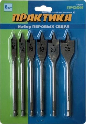 Набор сверл по дереву ПРАКТИКА  6 шт 10/12/16/18/20/25 мм в блистере 774-368