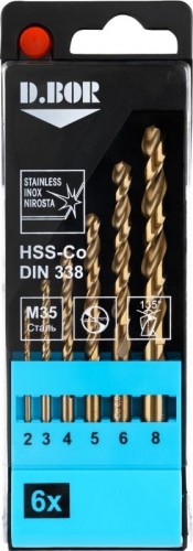 Набор сверл по металлу D.BOR COBALT HSS-Co 6 шт. 5%, din 338 6 (2-8 мм) D-TD-338-CO5-PS1-06