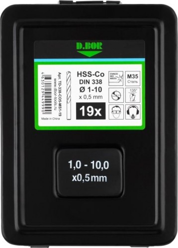 Набор сверл по металлу D.BOR COBALT HSS-Co 19 шт. 5%, din 338 (1-10х0,5 мм) D-TD-338-CO5-MS1-19 - изображение 2