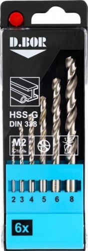 Набор сверл по металлу D.BOR HSS-G 6 шт. шлифованные, din 338 6 (2-8 мм) D-TD-338-HSS-PS1-06