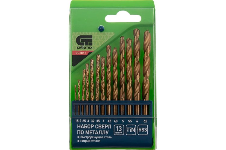 Набор сверл по металлу HSS-TIN СИБРТЕХ 1,5 - 6,5мм, 13 шт. 723867