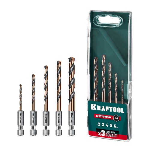 Набор сверл по металлу KRAFTOOL IMPACT COBALT HEX-1/4", 5 шт. 29652-H5