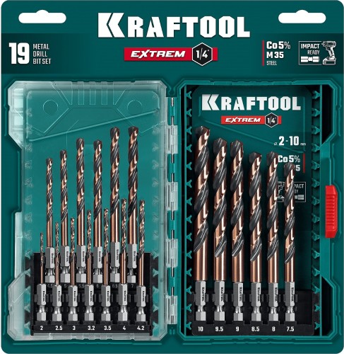 Набор сверл по металлу KRAFTOOL IMPACT COBALT HEX-1/4", 19 шт. 29652-H19