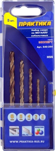 Набор сверл по металлу ПРАКТИКА Р6М5К5 5 шт. (2.0-6.0 мм.) Эксперт 640-254 640-254