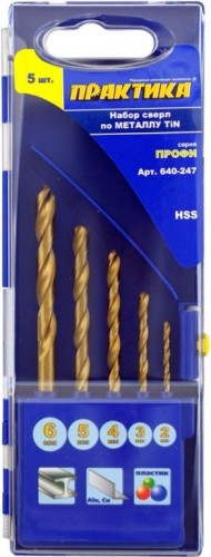 Набор сверл по металлу ПРАКТИКА нитрид титановые 5 шт. (2-6 мм.) Профи 640-247 640-247