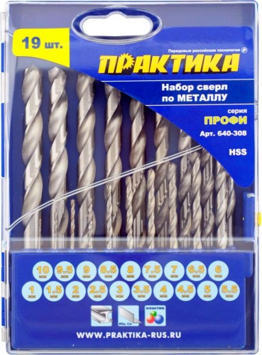 Набор сверл по металлу ПРАКТИКА Р6М5 19 шт. (1.5-10 мм.) Профи 640-308 640-308