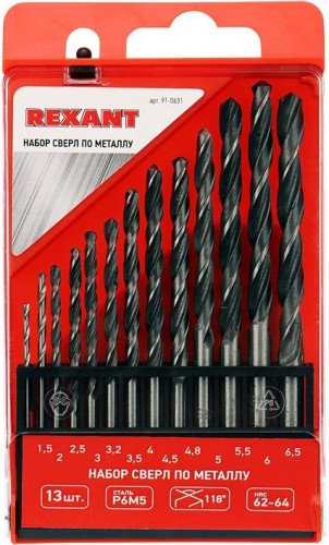 Набор сверл по металлу REXANT HSS (1.5-6.5 мм) 13 шт. 91-0631