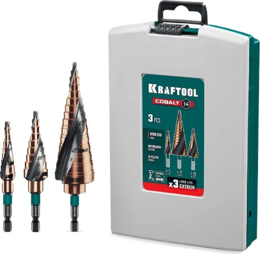 Набор сверл по металлу ступенчатых KRAFTOOL IMPACT COBALT 4-32мм, 3 шт. 29691-4-32-H3