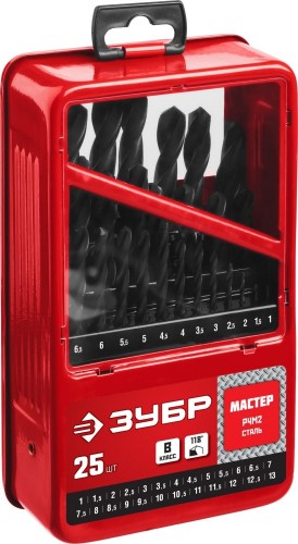 Набор сверл по металлу ЗУБР МАСТЕР 25шт (1-13мм), сталь р4м2, класс в, мет.бокс 29605-H25 - изображение 2