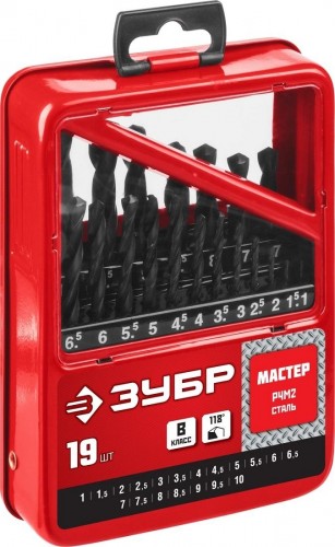 Набор сверл по металлу ЗУБР МАСТЕР 19шт (1-10мм), сталь р4м2, класс в, мет.бокс 29605-H19 - изображение 2