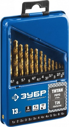 Набор сверл по металлу ЗУБР ПРОФЕССИОНАЛ титан 13шт(1.5-6.5мм), сталь р6м5, класс а, титино 29615-H13_z01