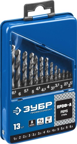 Набор сверл по металлу ЗУБР ПРОФЕССИОНАЛ 13шт(1.5-6.5мм), сталь р6м5, класс а, мет.бокс 29625-H13 - изображение 2