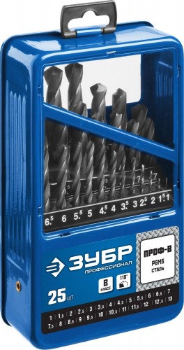 Набор сверл по металлу ЗУБР ПРОФЕССИОНАЛ 25шт(1-13мм), сталь р6м5, класс в, мет.бокс 29621-H25 - изображение 2