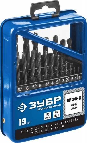 Набор сверл по металлу ЗУБР ПРОФЕССИОНАЛ 19шт(1-10мм), сталь р6м5, класс в, мет.бокс 29621-H19 - изображение 2