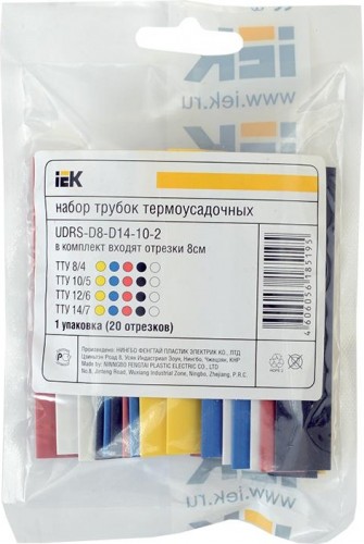 Набор термоусадочных трубок IEK ТТУ (8/4; 10/5; 12/6; 14/7) 20х8см разноцвет. UDRS-D8-D14-10-1
