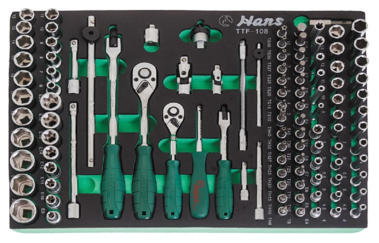 Набор торцевых головок и аксессуаров 1/4", 3/8" HANS TTF-108 ложемент 108 предметов
