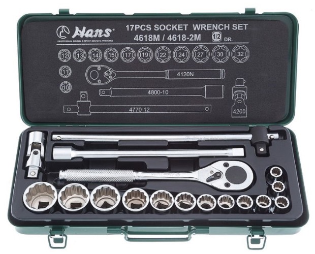 Набор торцевых головок и насадок HANS 4618-2M 12-ти гранных 10-32 мм 17 предметов