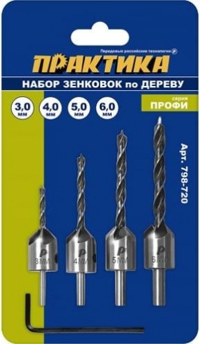 Набор зенковок по дереву  ПРАКТИКА ПРАКТИКА  (4 шт), сверла  (4 шт), сверла 3, 4, 5, 6 мм 798-720