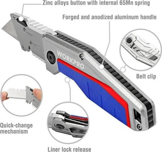 Нож складной WORKPRO WP211012 со сменными лезвиями, алюминиевый - изображение 5